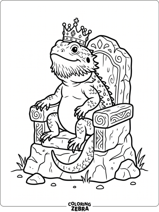 A bearded dragon wearing a crown on a rock