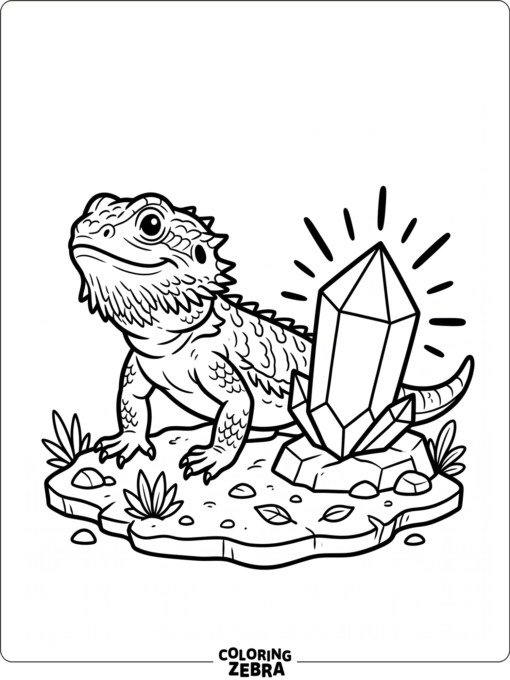 A bearded dragon next to a crystal on the ground