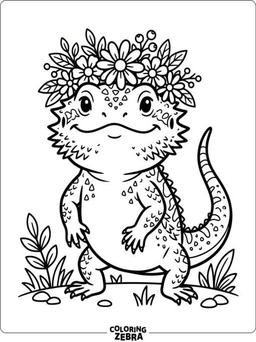 A bearded dragon wearing a flower crown