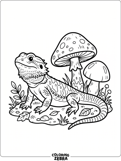 A bearded dragon sitting by mushrooms on the ground