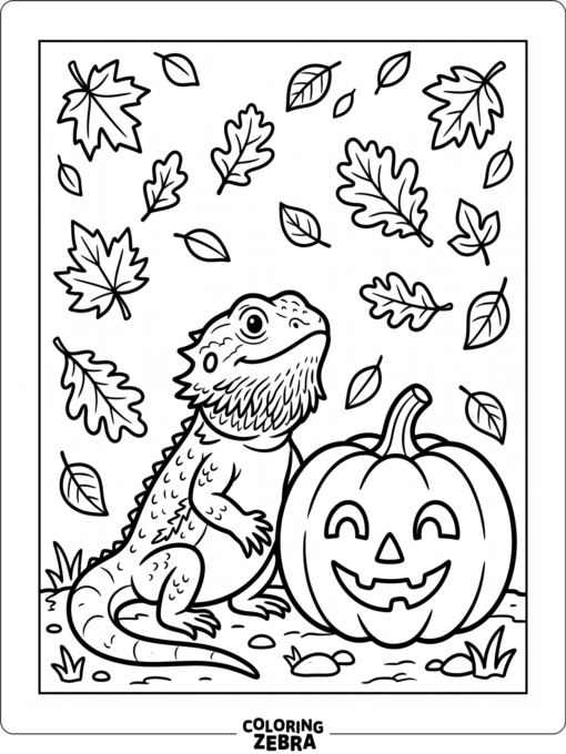 A bearded dragon sitting beside a pumpkin
