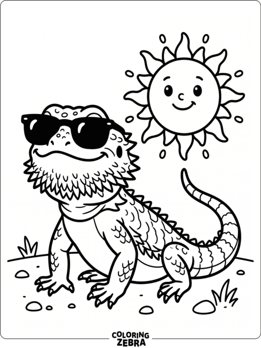 A bearded dragon wearing sunglasses beside a sun