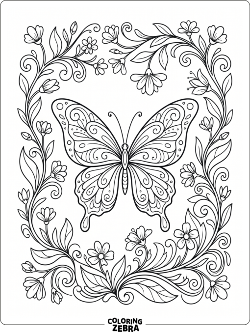 A butterfly with elegant wings and curling vines