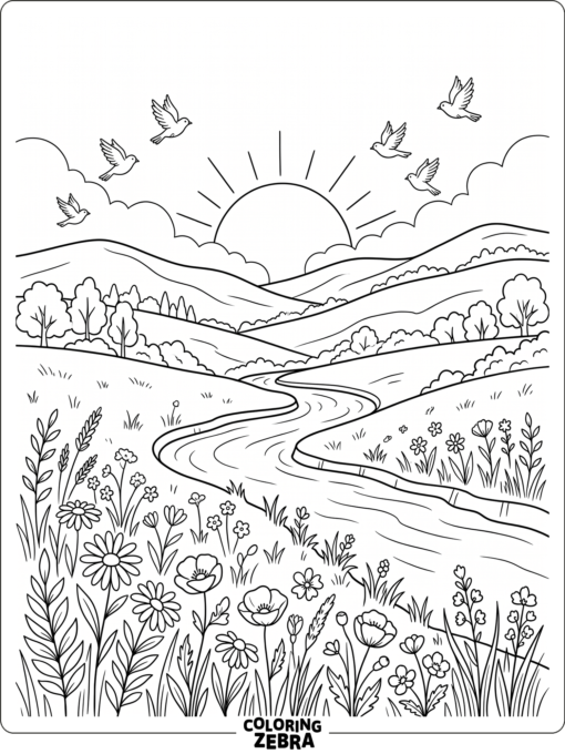 A bright landscape with hills, a river, and wildflowers
