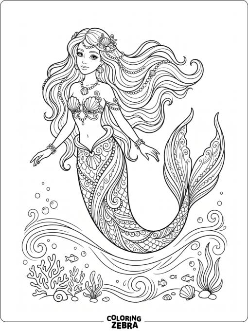 A graceful mermaid with pearls and a flowing tail