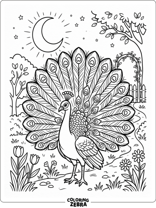 A peacock in a moonlit garden with open tail feathers