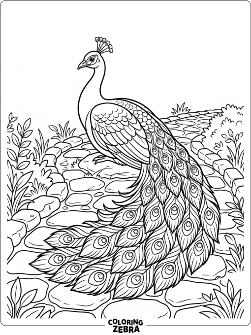 A beautiful peacock resting on a stone path