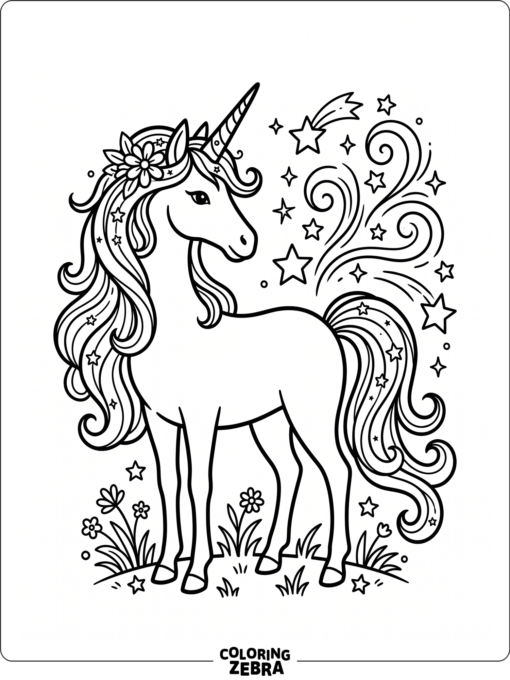 An elegant unicorn with stars and swirls