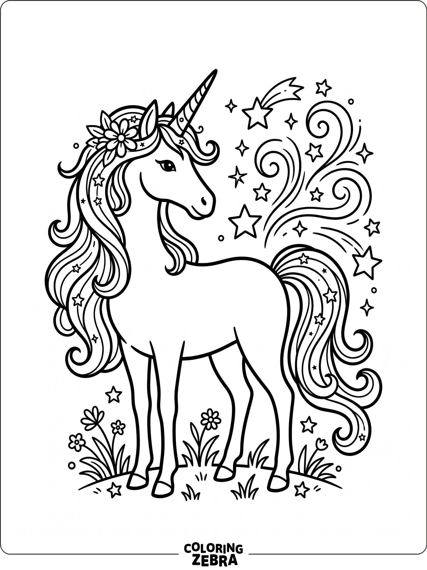 An elegant unicorn with stars and swirls