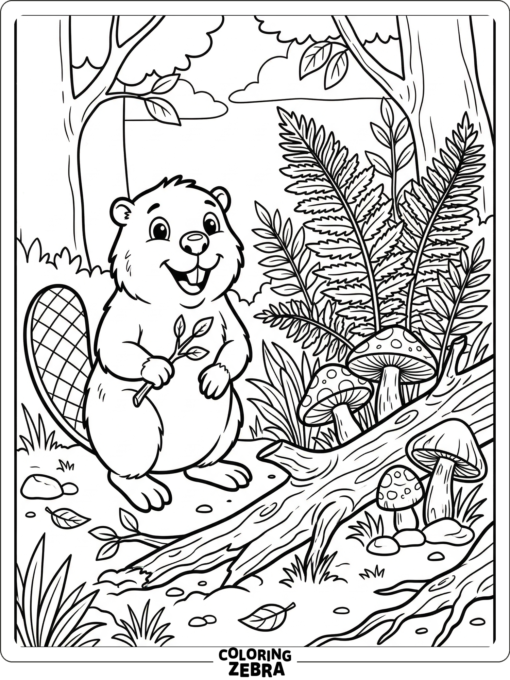 A beaver beside ferns, mushrooms, and a fallen branch