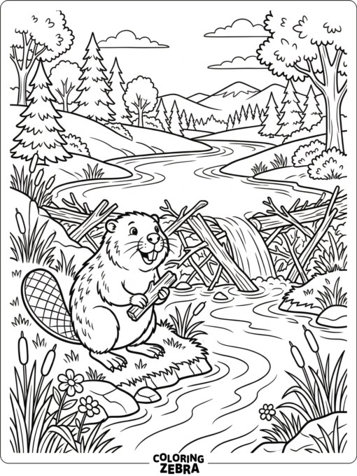 A beaver by the water with bold clean outlines