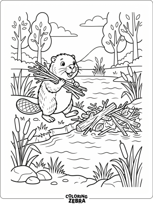 A beaver carrying sticks near a pond
