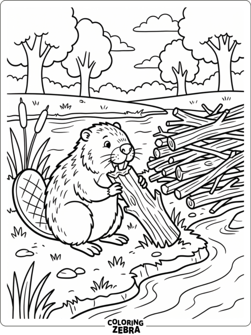 A beaver chewing wood beside a stack of branches