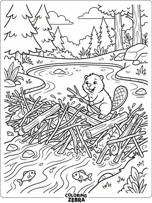 A beaver dam made of sticks across a creek