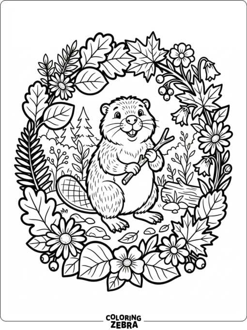 A beaver framed by circular leaves and woodland flowers
