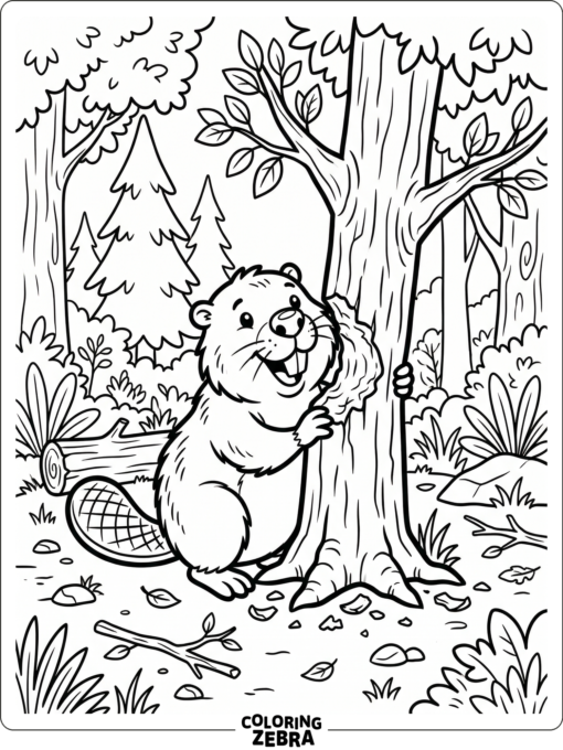 A beaver gnawing a tree trunk in a forest clearing