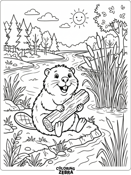 A beaver holding a log on the riverbank