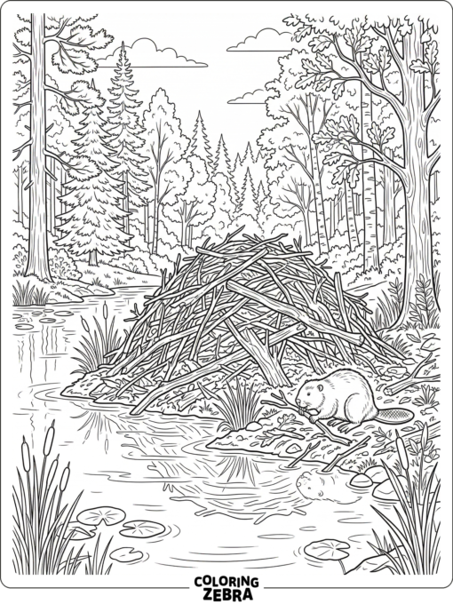 A beaver lodge made of sticks beside a pond