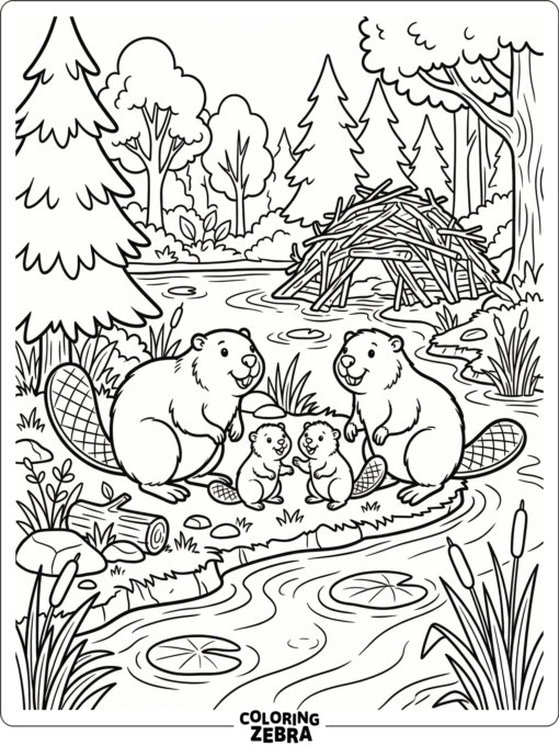 A beaver family with two kits near the water