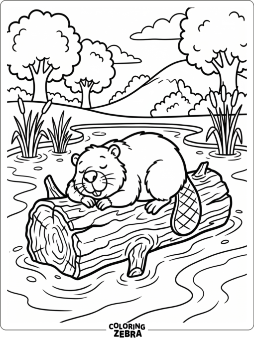 A beaver resting on a log beside a pond