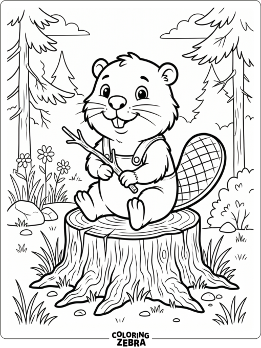A cartoon beaver sitting on a stump with a grin