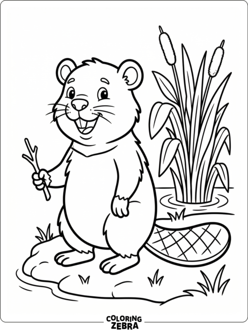 A simple beaver standing near reeds