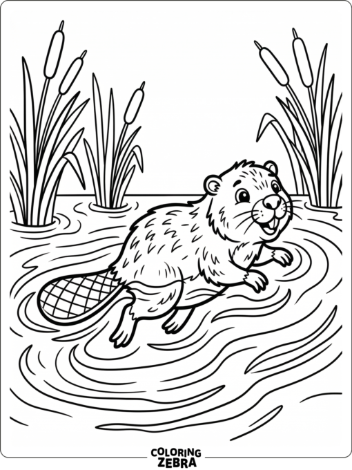 A beaver swimming through water with ripples and reeds
