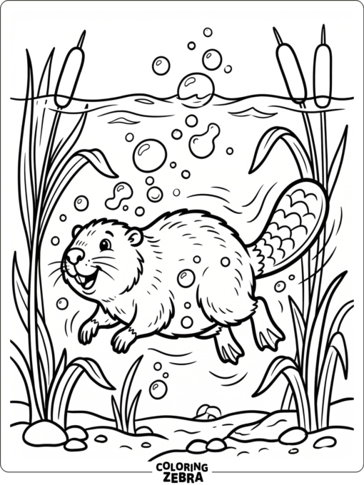 A beaver swimming underwater with bubbles and reeds