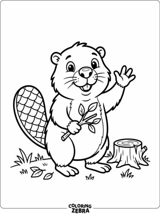 A cartoon beaver waving beside a tree stump