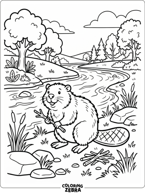 A beaver with a broad flat tail near the riverbank