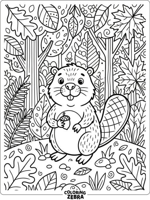 A detailed beaver with leaves and a patterned background
