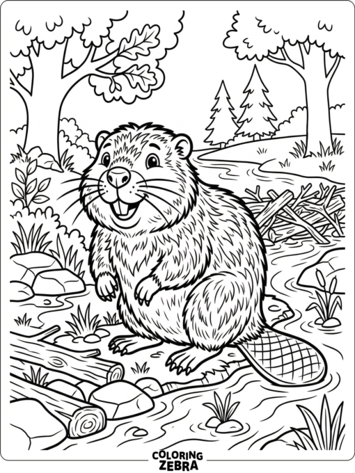 A detailed beaver beside a stream with whiskers and fur