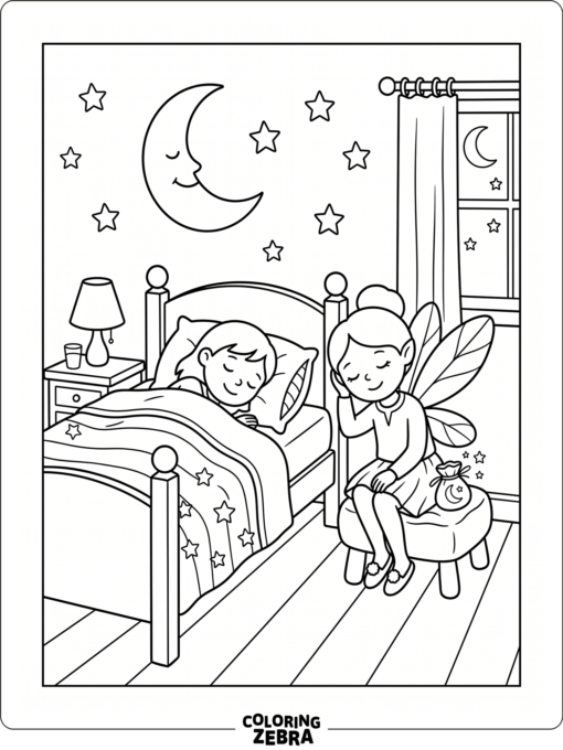 A tooth fairy beside a bed with moon and stars