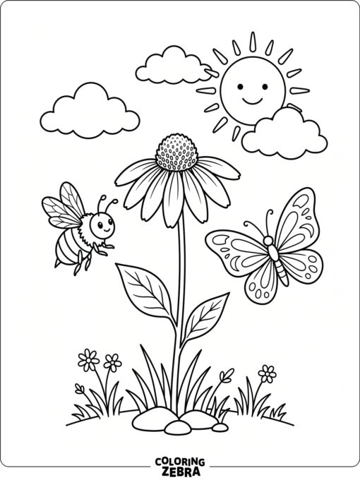 A bee and butterfly near one flower