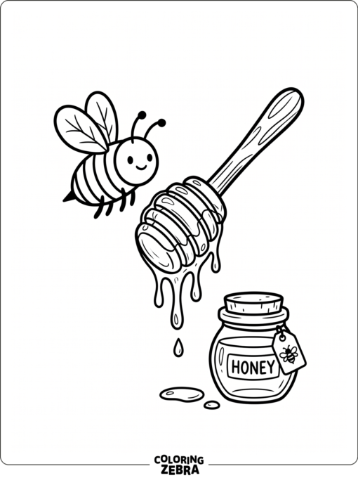 A bee next to a honey dipper and honey pot