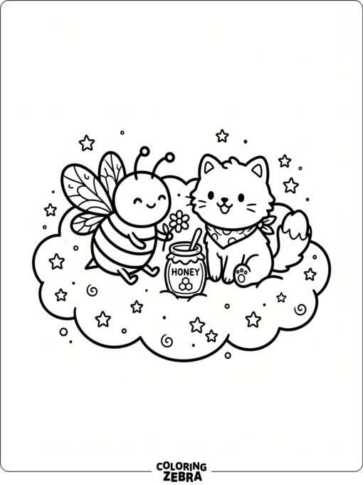 A bee beside a cat-like friend on a cloud