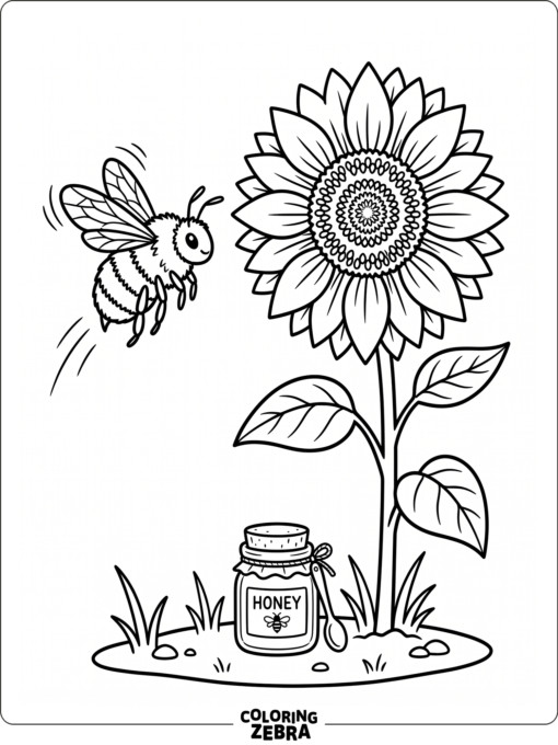 A bee hovers near a sunflower and a small honey jar