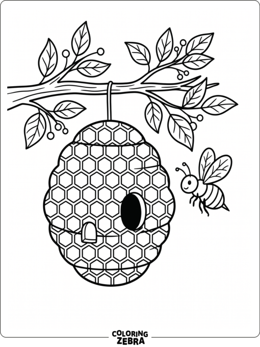 A bee beside a beehive with leafy branches