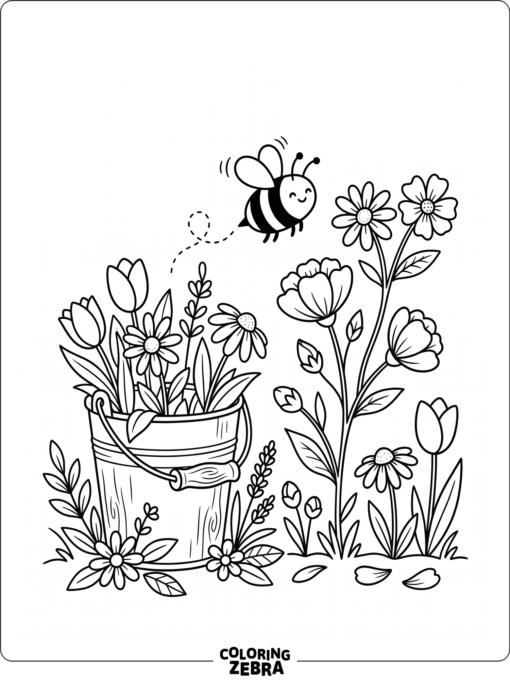 A bee flying through a small garden with flowers