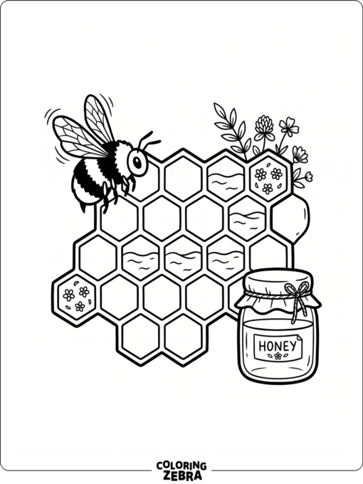 A bee near a honeycomb and honey jar