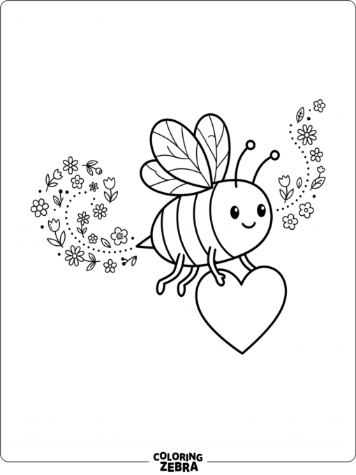 A bee carrying a heart with small flowers