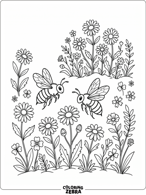 Two bees flying through flowers