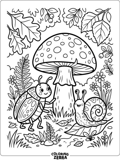 A beetle and snail beside a mushroom