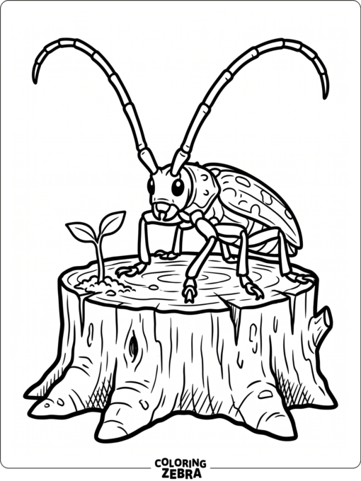 A beetle with long horns on a stump