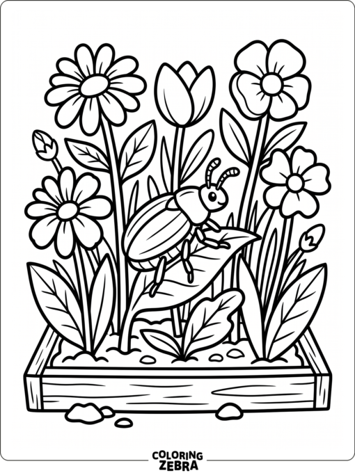 A beetle among flowers and stems in a garden