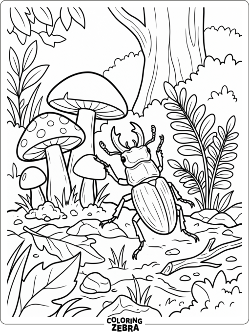 A beetle beside mushrooms and a fern