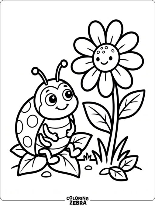 A cute beetle sitting beside a daisy