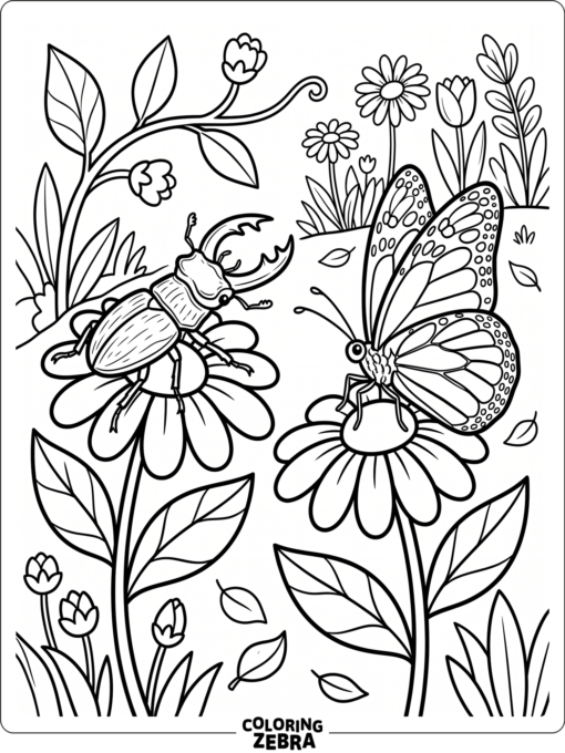 A beetle and butterfly resting on flowers