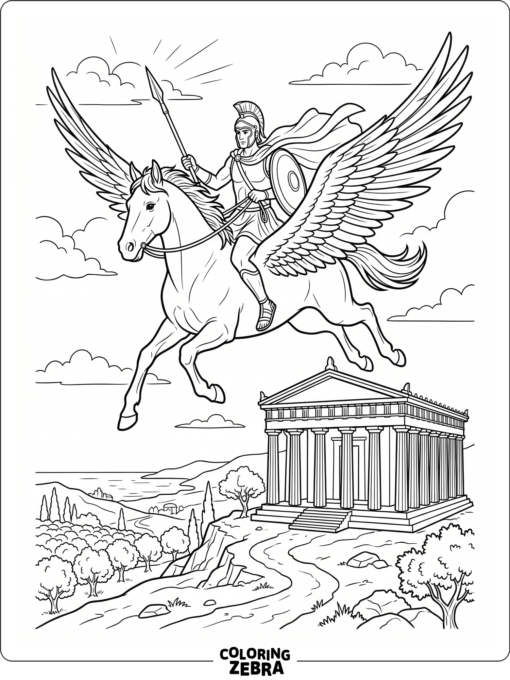 Bellerophon riding Pegasus above a Greek temple