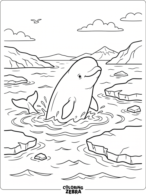 A beluga whale rising beside floating ice